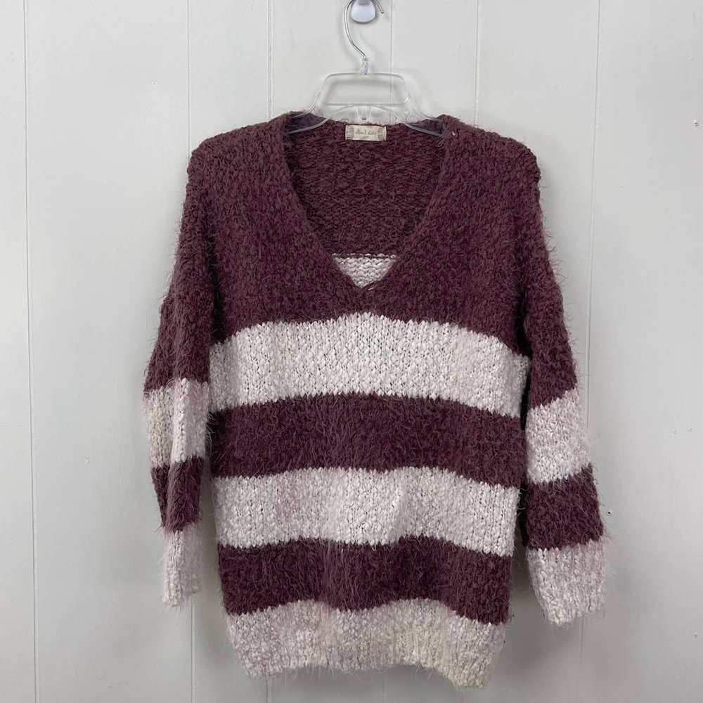 Altar’d State Womens Sweater Small/Medium Purple White Fuzzy Long Sleeve V Neck